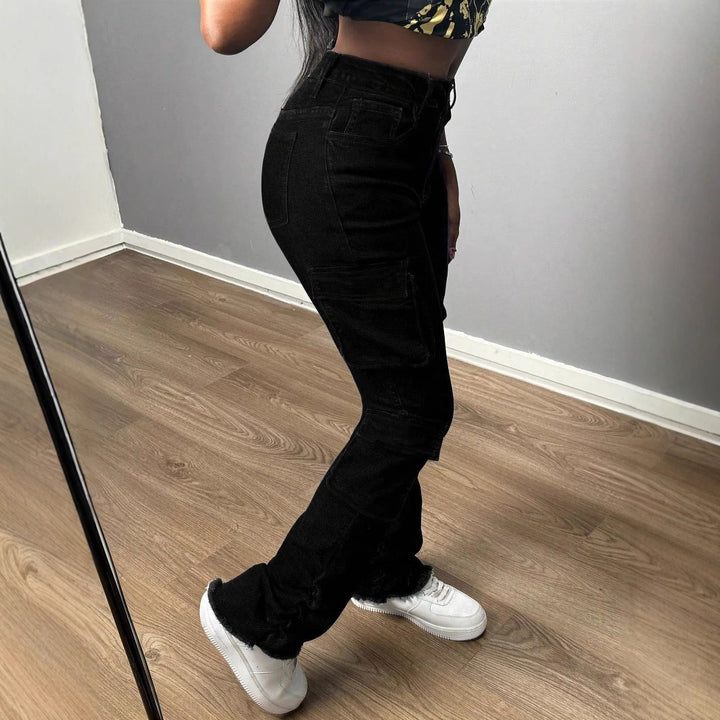 Ladies High-Waisted Cargo Jeans with Multiple Flap Pockets and Long Leg Amarae