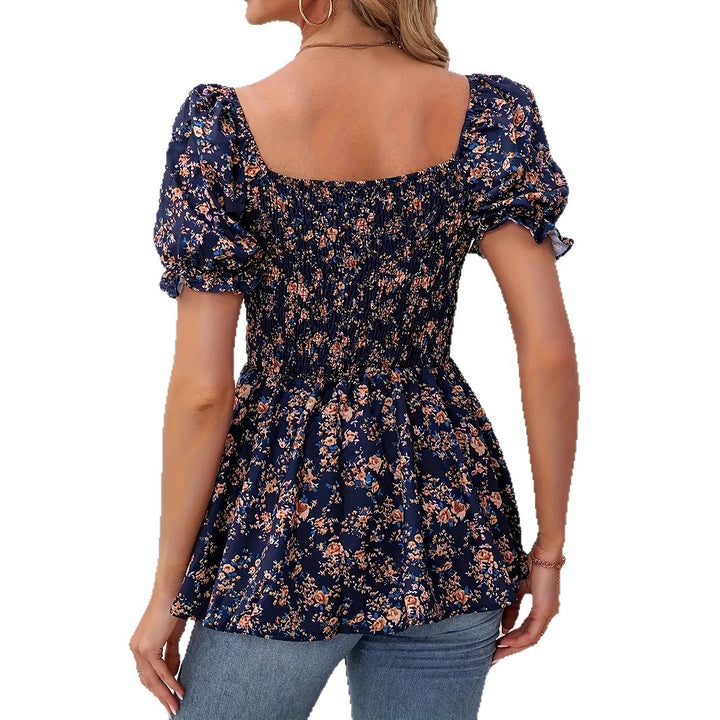 Women floral print blouse with puff sleeves and ruched top Lune London