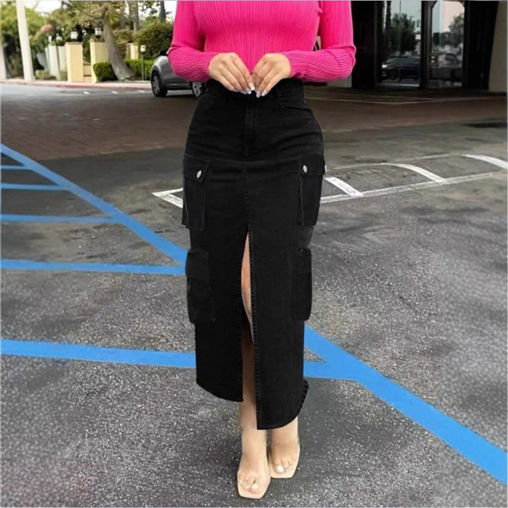 Women's cargo jeans midi skirt with front slit and patch cargo pockets Amarae