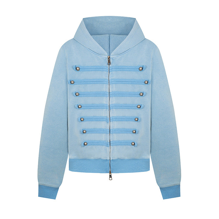 Ladies hooded sweat jacket in military style with decorative cords and metal buttons Amarae