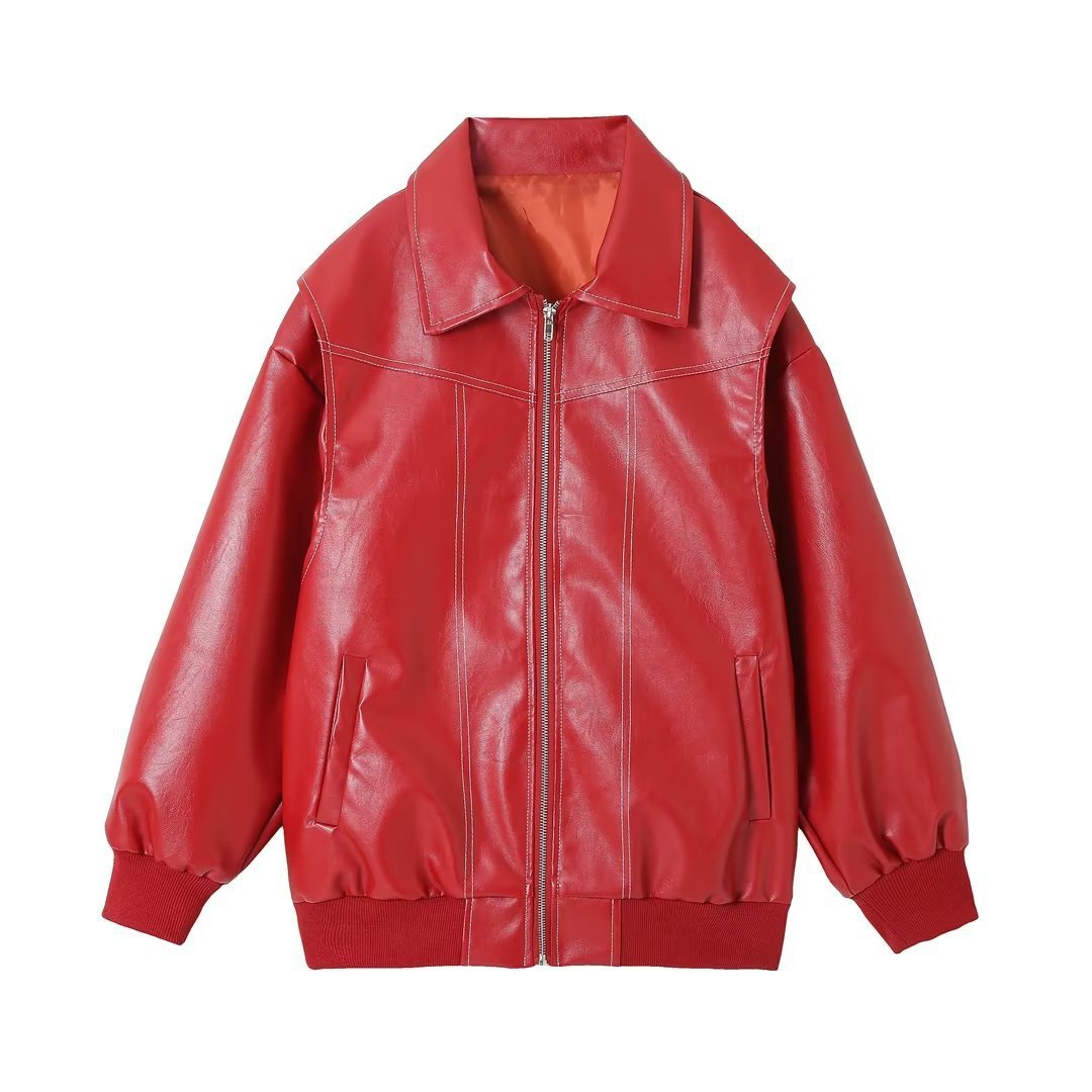 Ladies stylish faux leather jacket with voluminous sleeves and practical zipper pockets Chic and style