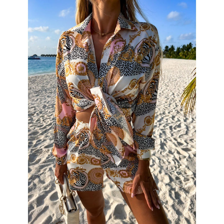 Ladies Short-checked suit with stylish tie belt and fashion print Lune London