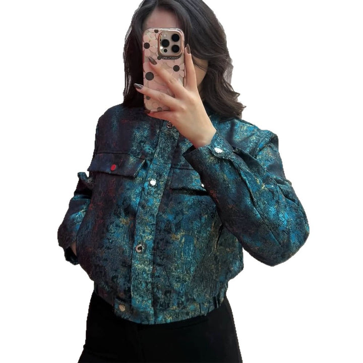 Women's Short Jacket in Metallic Jacquard with Snap Button Placket and Flap Pockets Amarae