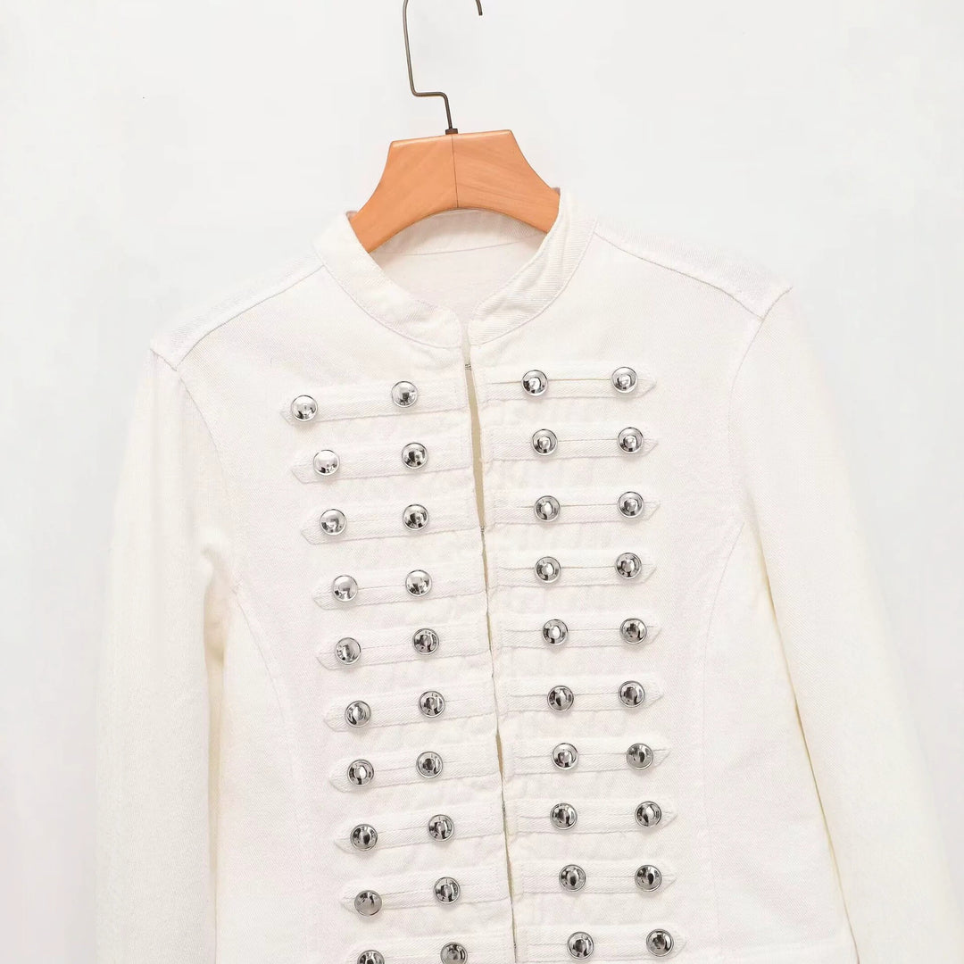 Women's military-style jeans jacket with stand-up collar and decorative button plackets Amarae