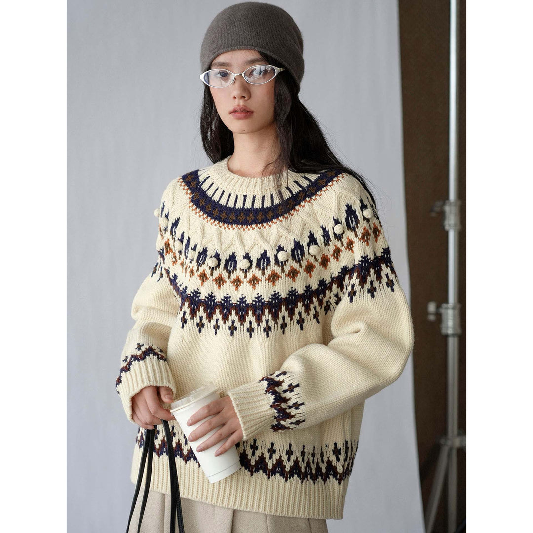 Women's Fair-Isle Knit Sweater with Norwegian Pattern and Oversized Cut Amarae