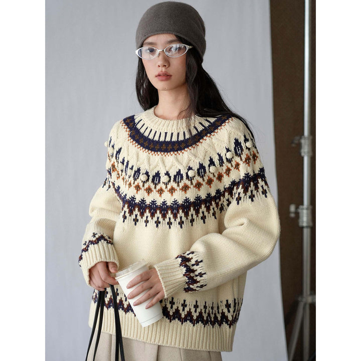 Women's Fair-Isle Knit Sweater with Norwegian Pattern and Oversized Cut Amarae