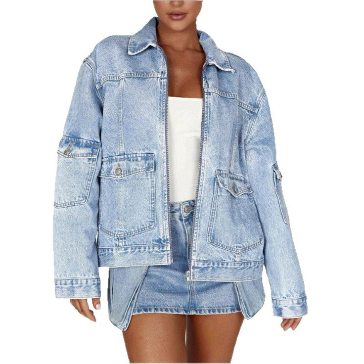 Women's Oversize Utility Denim Jacket with Large Flap Pockets and Zipper Amarae