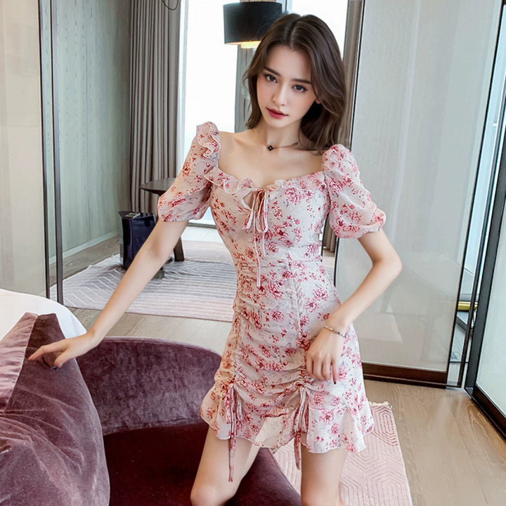 Lune London floral patterned tulle puff sleeve mini dress for women
