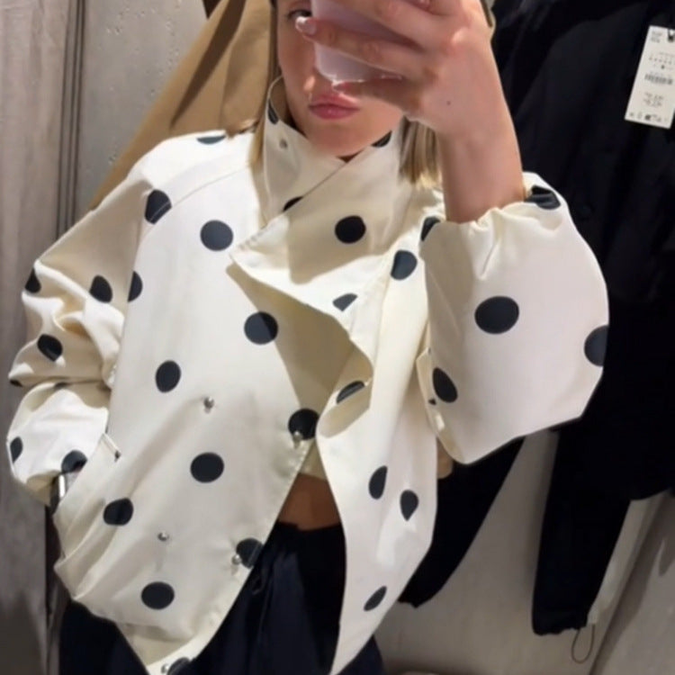 Women's cropped bomber jacket with oversized shawl collar and polka dot print Amarae