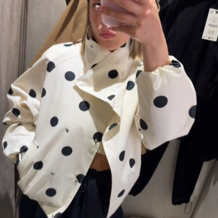 Women's cropped bomber jacket with oversized shawl collar and polka dot print Amarae