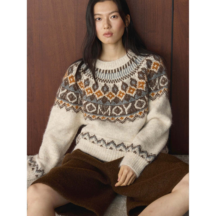 Women's chunky knit crew neck sweater with Norwegian jacquard and mohair mix Amarae
