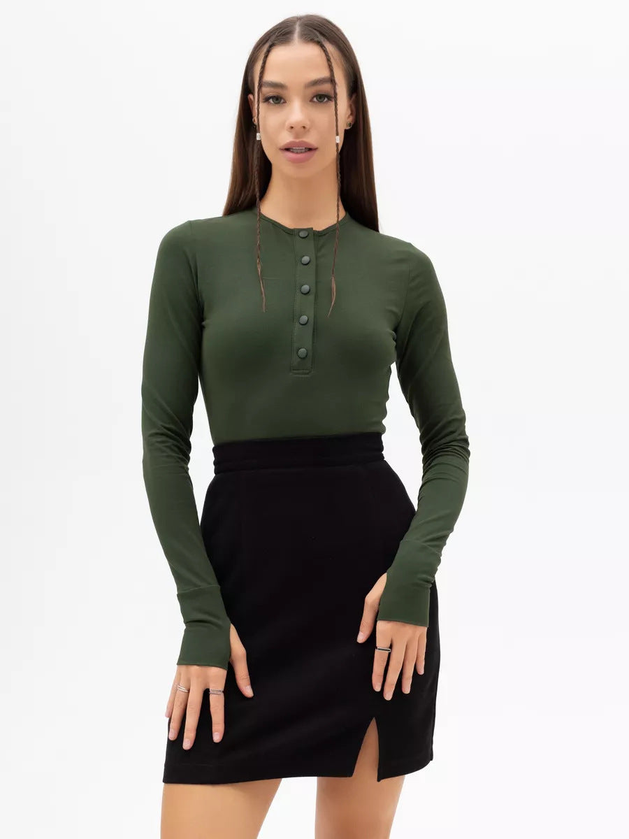 Women Long Sleeve Top with Button Placket and Fitted Cut Lune London