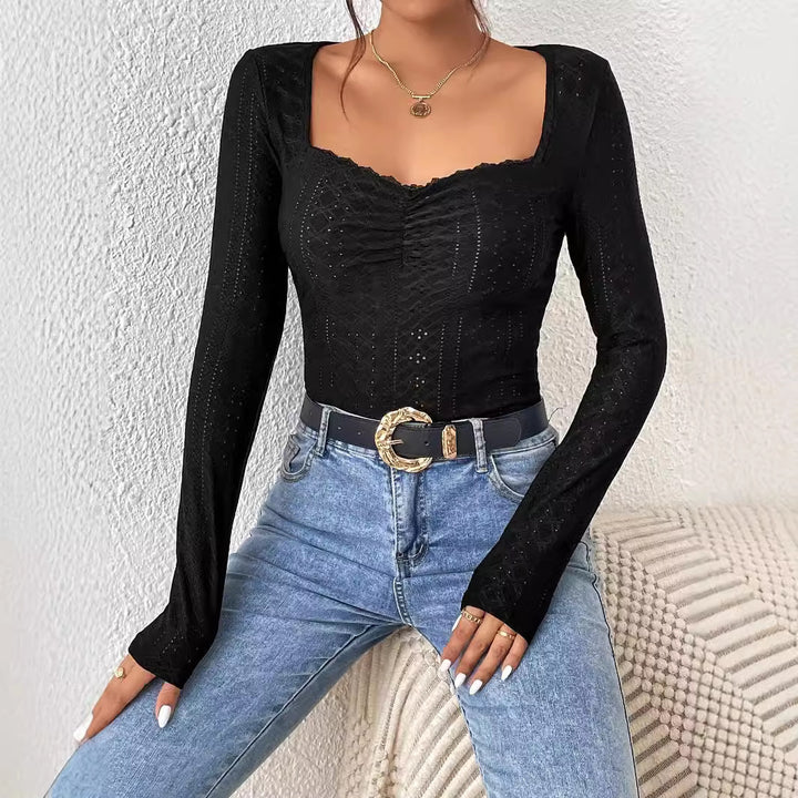 Body à manches longues pour femmes avec décolleté carré et volants raffinés Chic & Stil