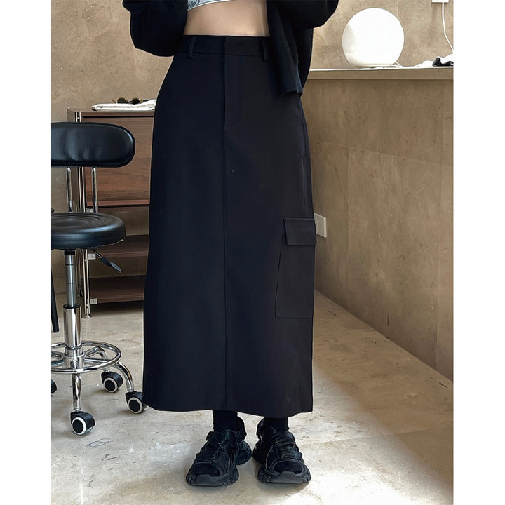 Women High-Waisted Midi Skirt with Straight Fall, Patch Cargo Pocket and Belt Loops Amarae