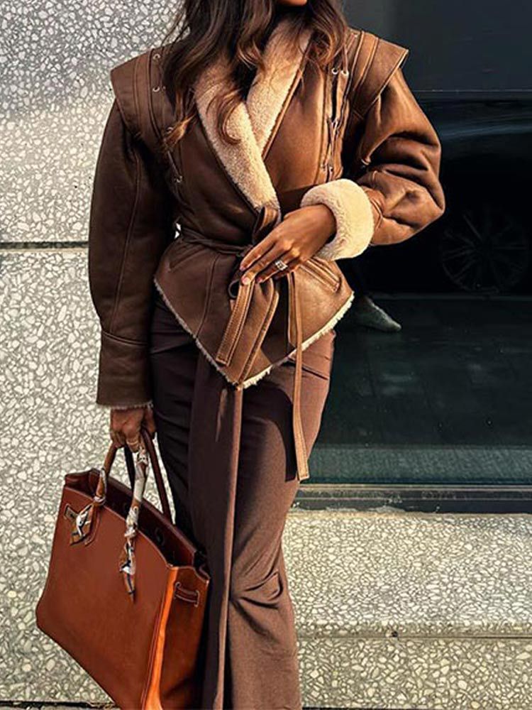 Long suede coat for women with adjustable belt and trendy collar Lune London