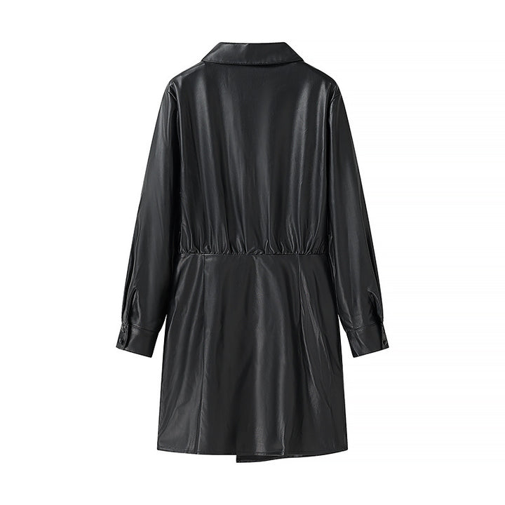 Ladies' wrap mid coat made of faux leather with knot detail and shirt collar Amarae