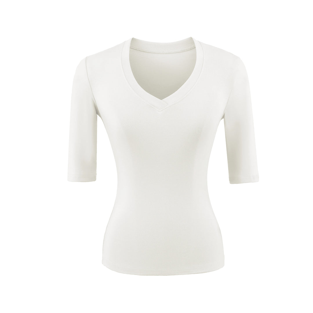 Women's Fitted V-Neck Three-Quarter Sleeve Fine Rib Top made of Stretch Jersey Amarae