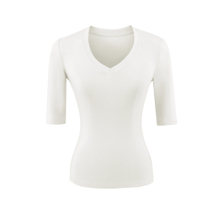 Women's Fitted V-Neck Three-Quarter Sleeve Fine Rib Top made of Stretch Jersey Amarae