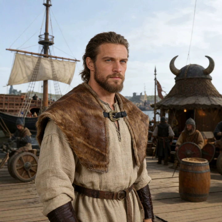 Men's shoulder cape made of faux fur with buckle closure and rustic Viking look Amarae