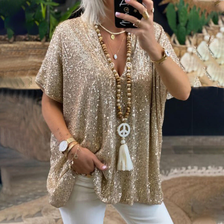 Ladies Sparkling Top with Elegant V-Neck and Light Cut Lune London