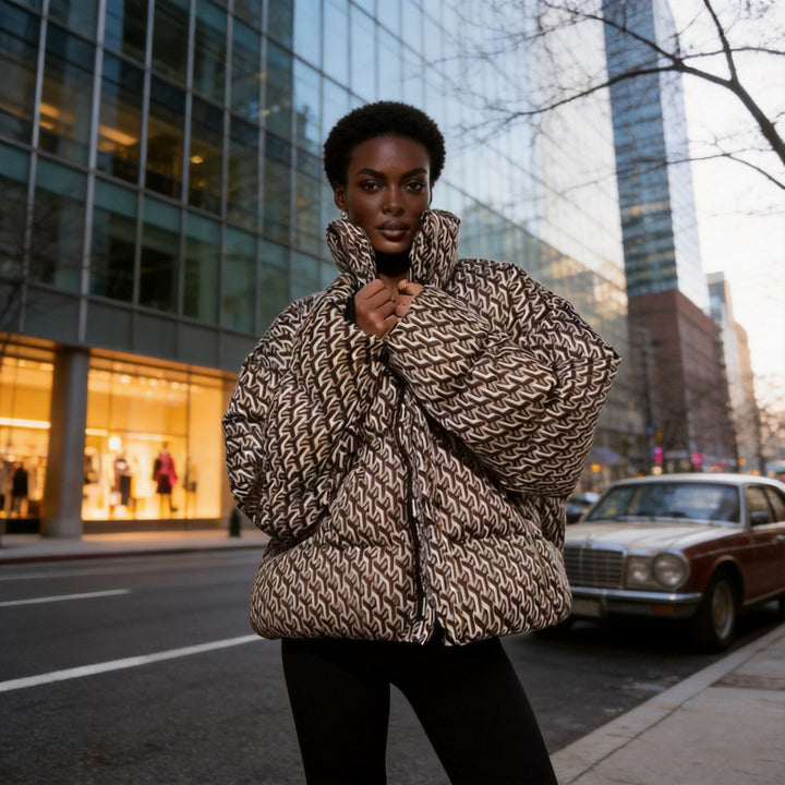 Women's Oversize Quilted Winter Jacket with High Stand-up Collar and Geometric All-over Pattern Amarae