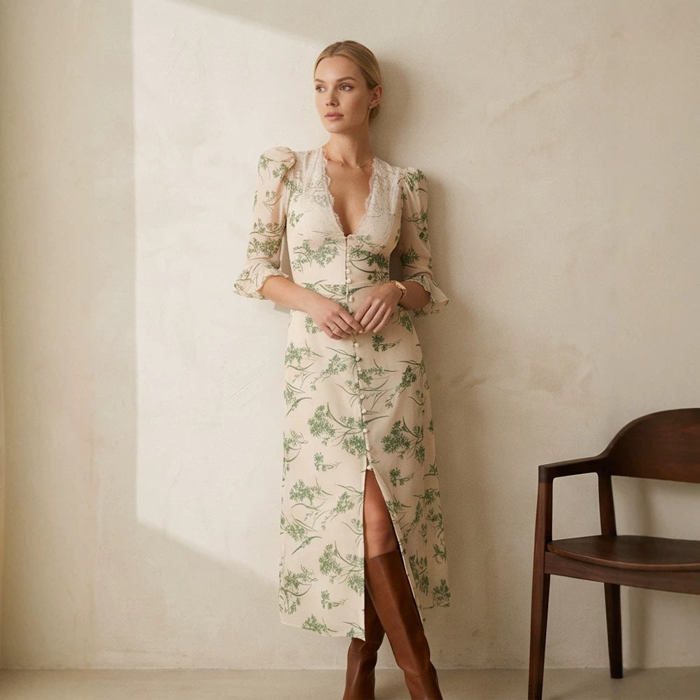 Women Floral Midi Dress with Lace V-Neck, Fitted Waist Seam and Pearl Button Placket Amarae