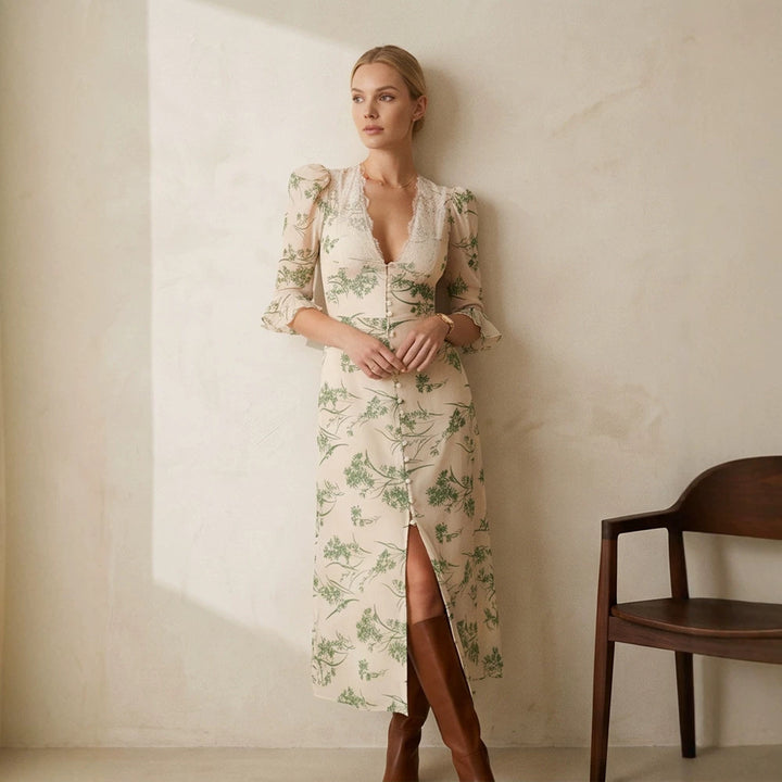 Women Floral Midi Dress with Lace V-Neck, Fitted Waist Seam and Pearl Button Placket Amarae