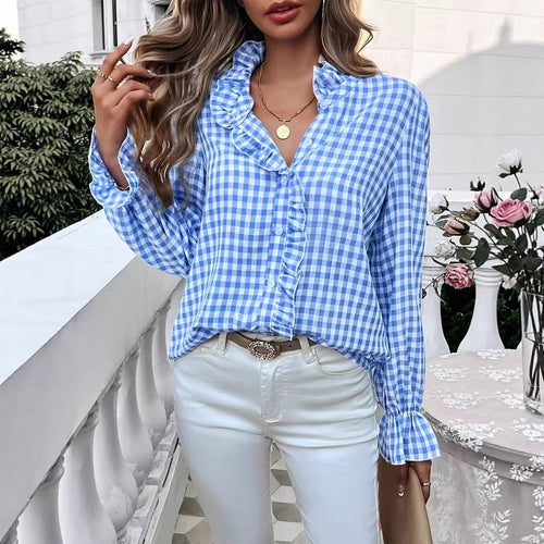 Women checked ruffled blouse with stand-up collar, concealed button placket and bell sleeves Amarae