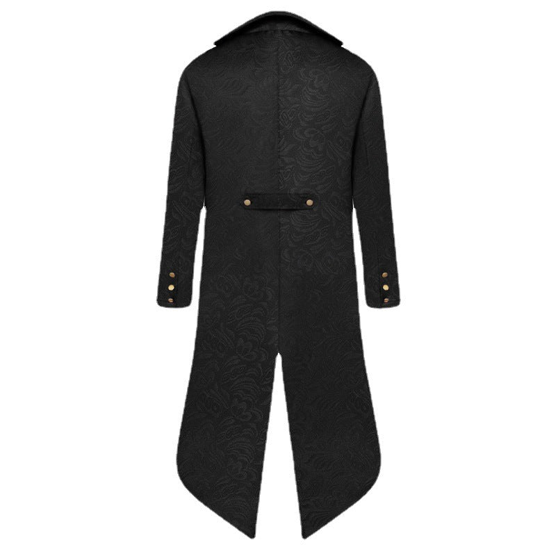 Victorian high collar coat for women with a detailed pattern and faux leather accents Lune London