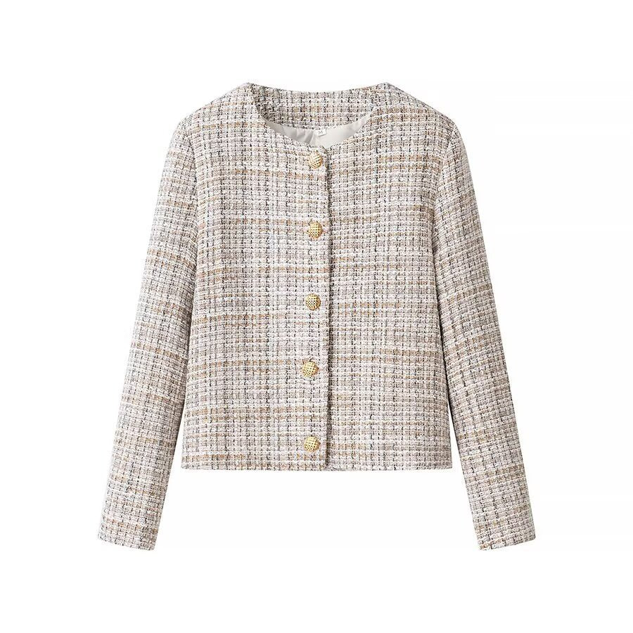 Women's Boxy Boucle Tweed Jacket with Gold Button Detail and Lightweight Lining Amarae