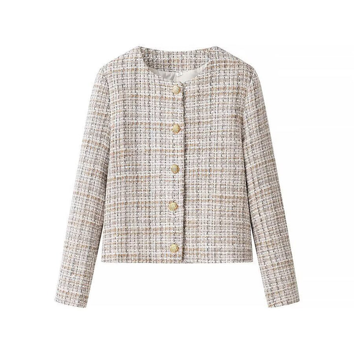 Women's Boxy Boucle Tweed Jacket with Gold Button Detail and Lightweight Lining Amarae