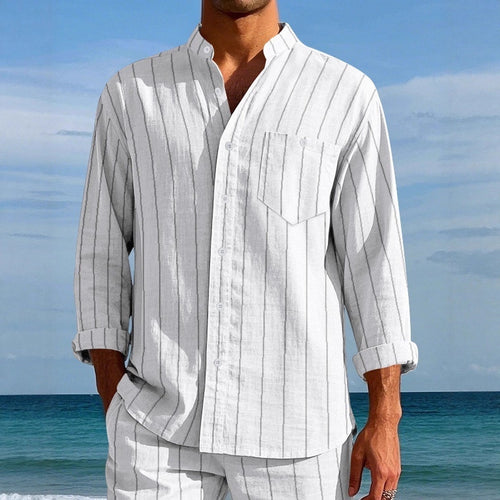 Men's long sleeve shirt with modern stand-up collar and fine striped pattern Amarae