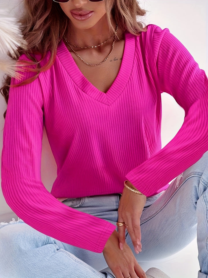 Women Long Sleeve V-Neck Top with Ribbed Structure Lune London
