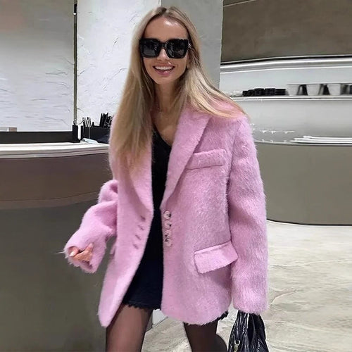 Elegant blazer for women with soft fur and decorative button details Amarae