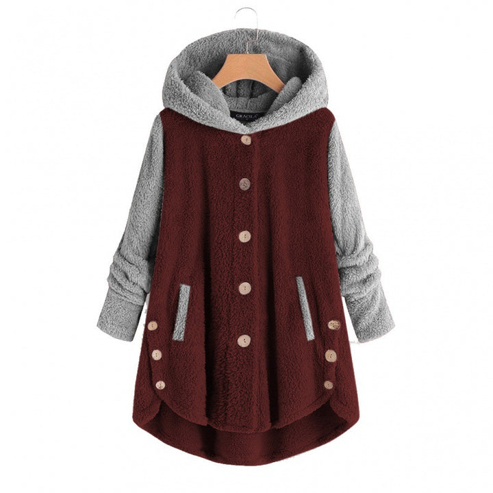 Women's Oversized Teddy Coat with Hood, Asymmetrical Zigzag Hem and Wooden Button Placket Amarae