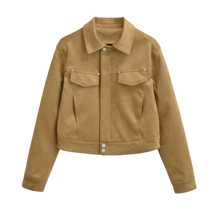 Women Short Velvet-Look Jacket with Snap Button Placket and Patch Breast Pockets Amarae