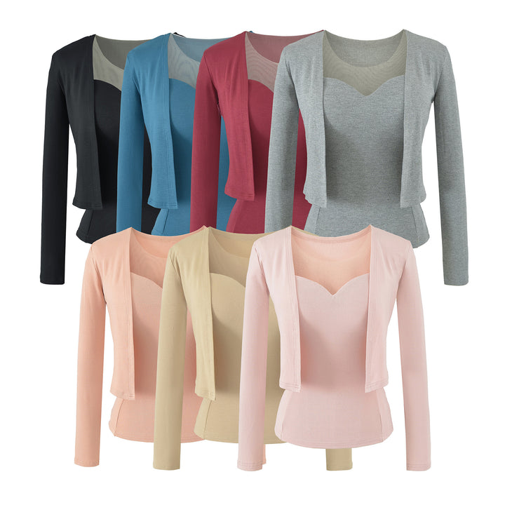 Ladies Two-Piece Fine Knit Top Set with Mesh Insert and Open Cardigan Amarae