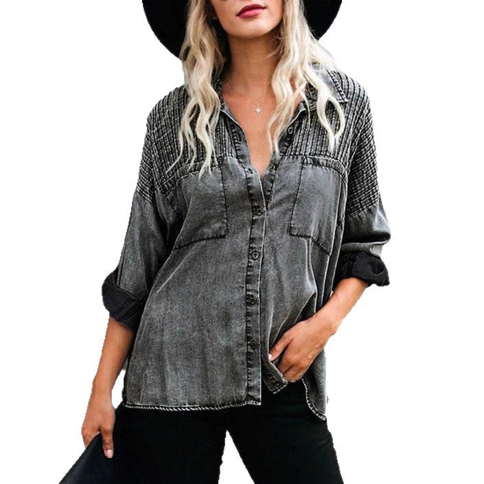 Women's Oversized Denim Blouse with Quilted Yoke, Button Placket and Patch Chest Pockets Amarae