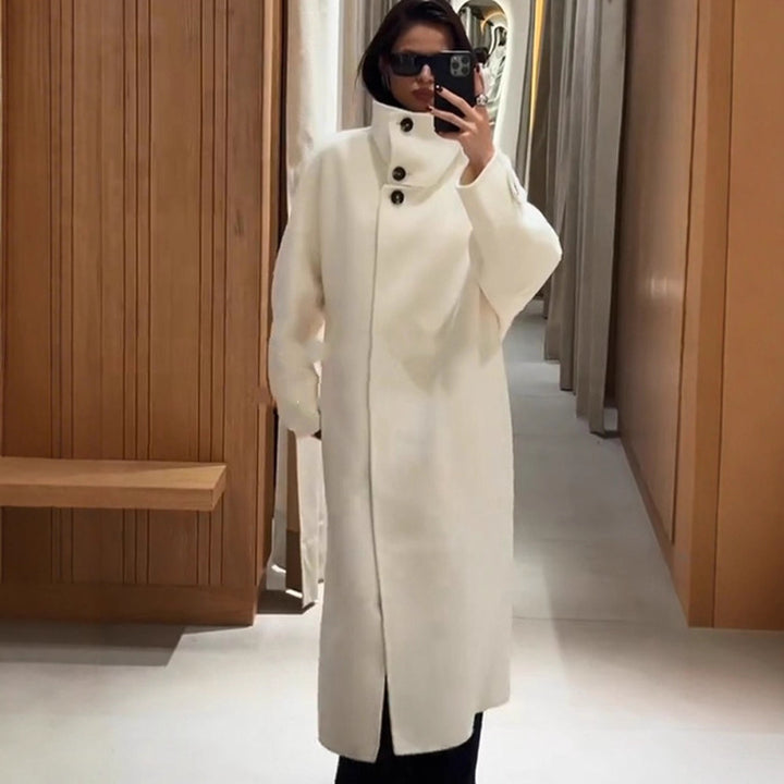 Women Oversize Wool Blend Coat with Asymmetrical Cut and High Stand-Up Collar Amarae