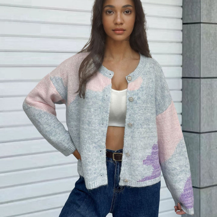 Ladies Chunky Knit Cardigan with Modern Color Block Elements Lune London