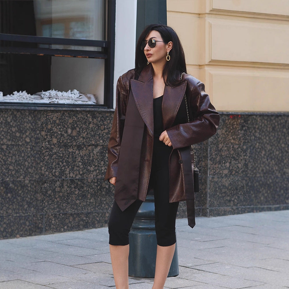 Ladies Oversized Blazer Coat in Crocodile Embossing with Shawl Collar and Tie Belt Amarae
