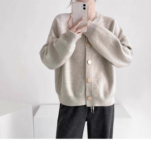 Oversized knit jacket for women with large wooden buttons and wide cut Amarae