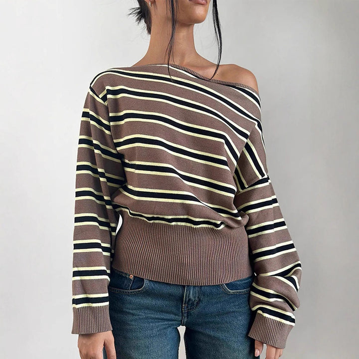 Women's fine knit boatneck pullover with asymmetrical shoulder drop, wide ribbed hem, and casual balloon sleeves Amarae