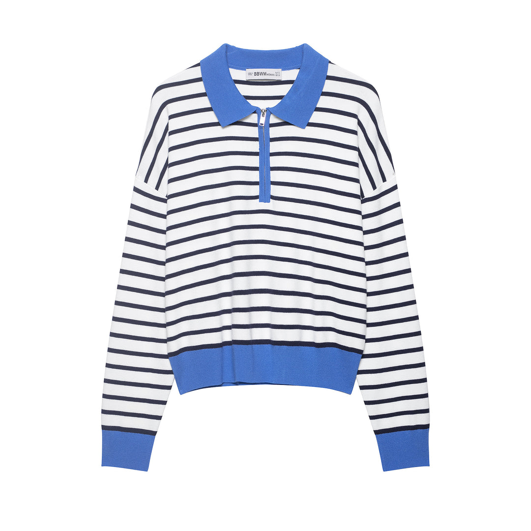 Women's Striped Cropped Knit Polo with Half Zipper and Wide Ribbed Cuff Amarae