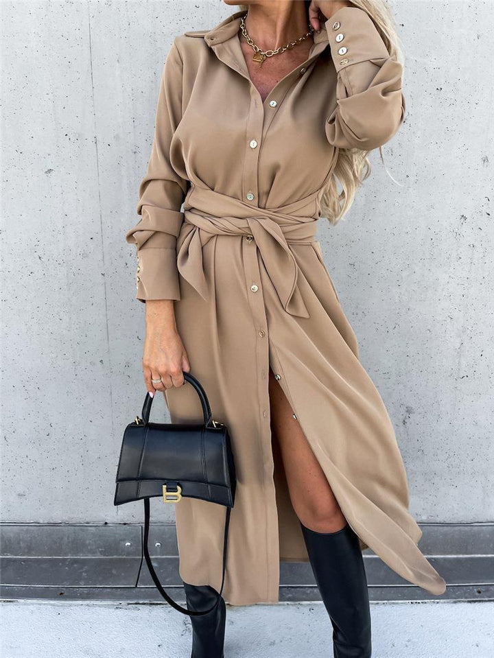 Shirt dress for women with a belt at the waist and long slit Lune London