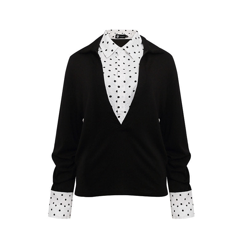 Women Layered Long Sleeve Shirt with Deep V-Neck, Attached Placket and Polka Dot Details Amarae