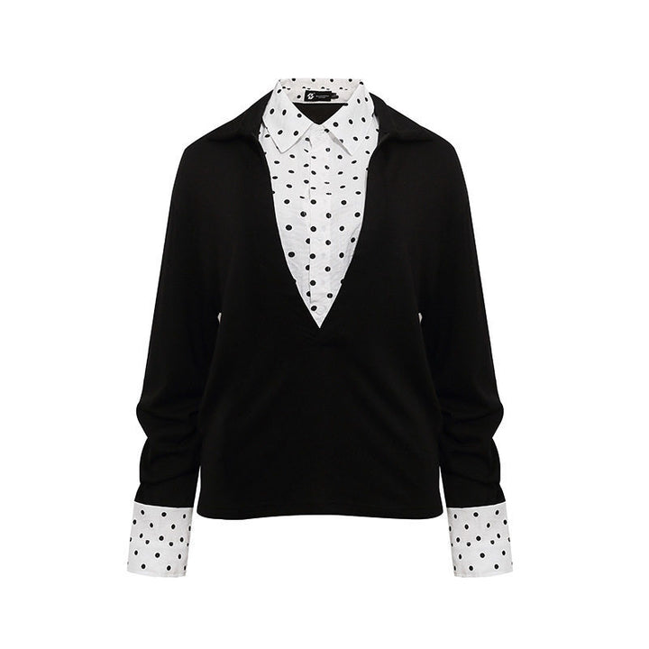 Women Layered Long Sleeve Shirt with Deep V-Neck, Attached Placket and Polka Dot Details Amarae
