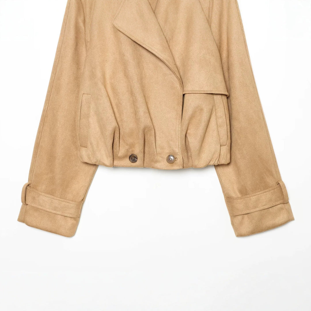 Women Short Cut Trench Jacket in Suede Look with Epaulettes and Buckle Cuffs Amarae