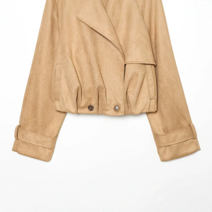 Women Short Cut Trench Jacket in Suede Look with Epaulettes and Buckle Cuffs Amarae