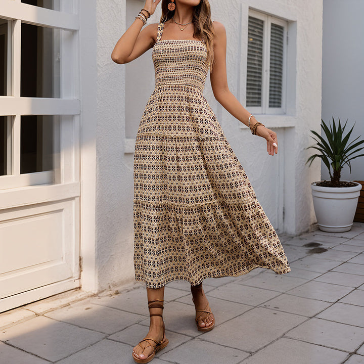 Midi ruffle dress inspired by bohemian style for women with adjustable spaghetti straps Lune London